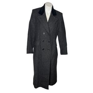 KAREN Wool Coat Grey Black Herringbone Double Breasted Velvet Collar VINTAGE USA
